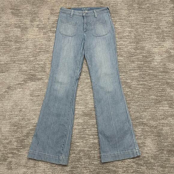 Ariat Jeans Womens 29R Blue White Stripe High Rise Slim Trouser Flare Western - Picture 1 of 13